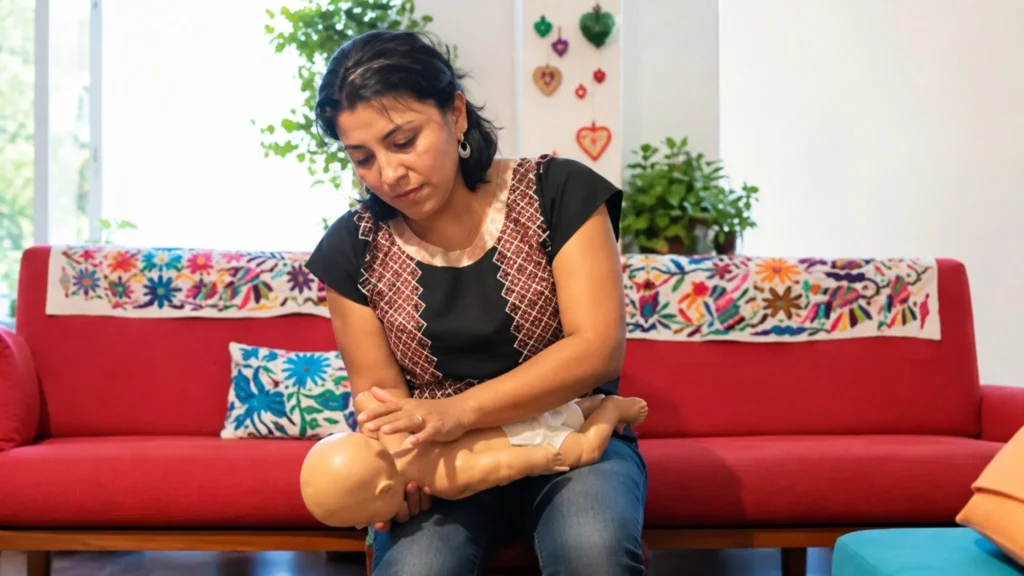 Imagen de referencia con la Dra Elisa Gaona dando primeros auxilios a un modelo de bebé de enseñanza